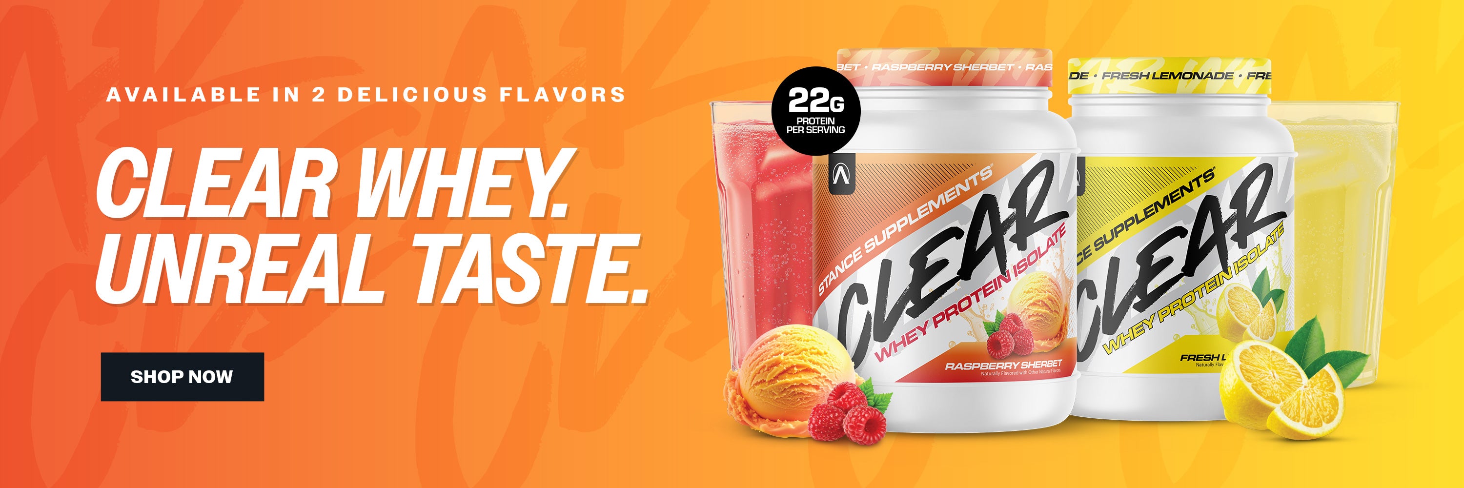 Clear whey protein packaging with flavor options on a vibrant background
